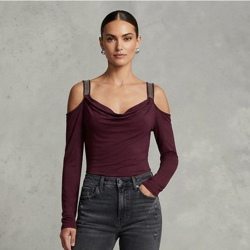 Rock & Republic Cold Shoulder Top Burgundy Cowl Neck Metallic Straps Edgy S